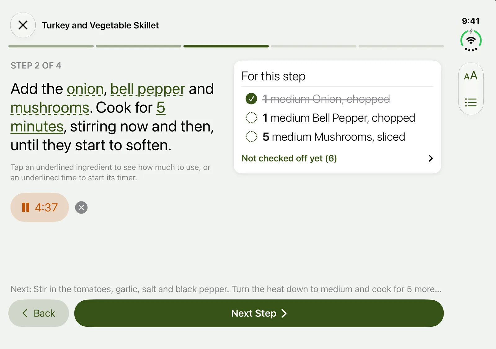 Cook Mode on an open iPhone Duo: the step on the left, the ingredients for this step on the right, and a timer