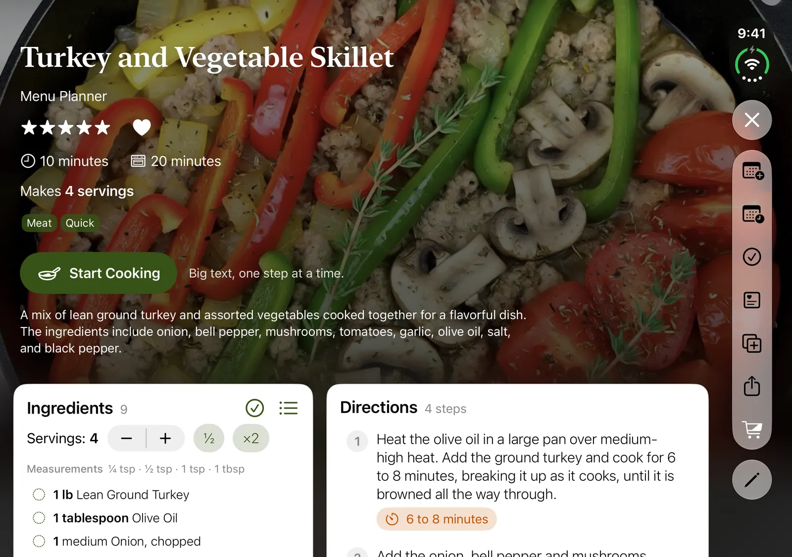 A recipe on an open iPhone Duo: the photo with the recipe’s name, rating and Start Cooking, and the ingredients and directions in columns below