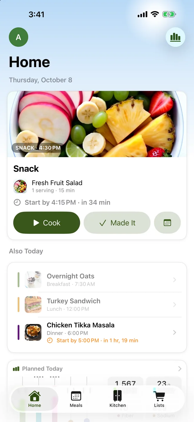 Home: today’s next meal with its photo and when to start cooking, then the rest of today’s meals