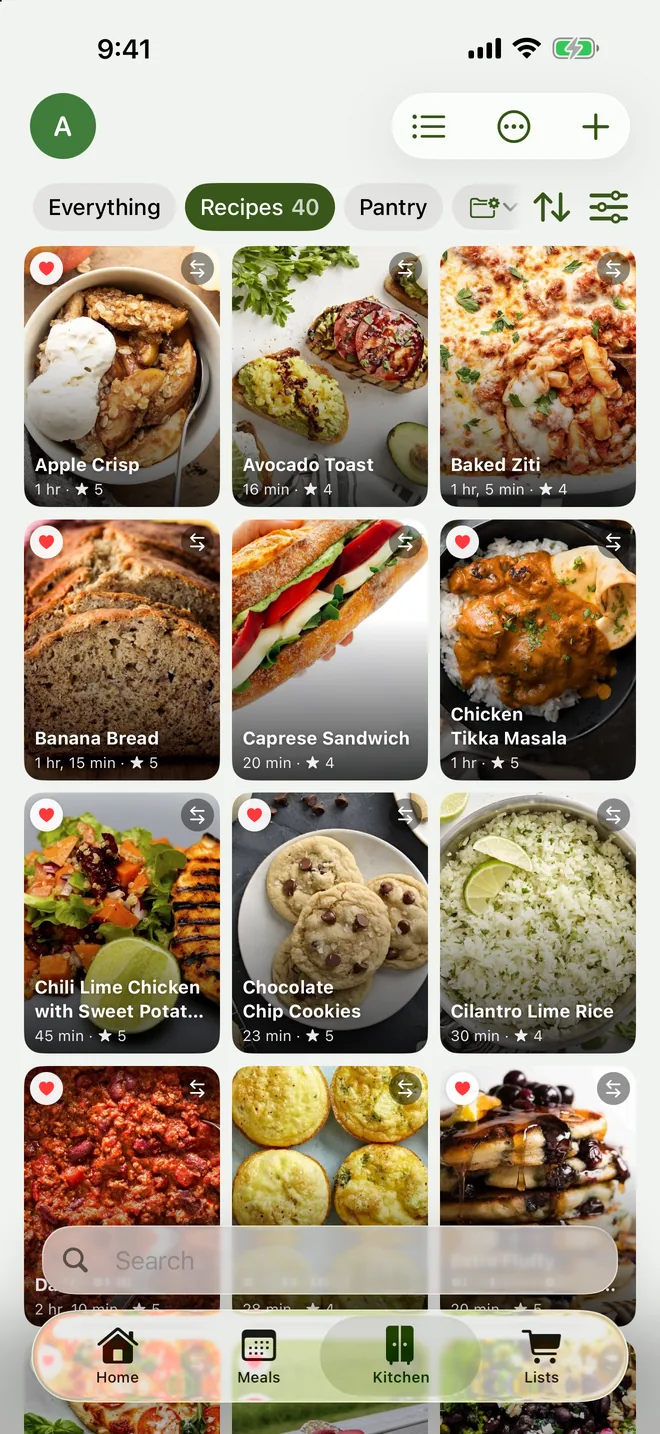 Kitchen tab showing recipes as a photo grid with ratings and times